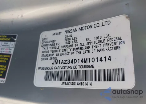 2004 Nissan 350Z Enthusiast z USA, uszkodzony, nr VIN JN1AZ34D14M101414